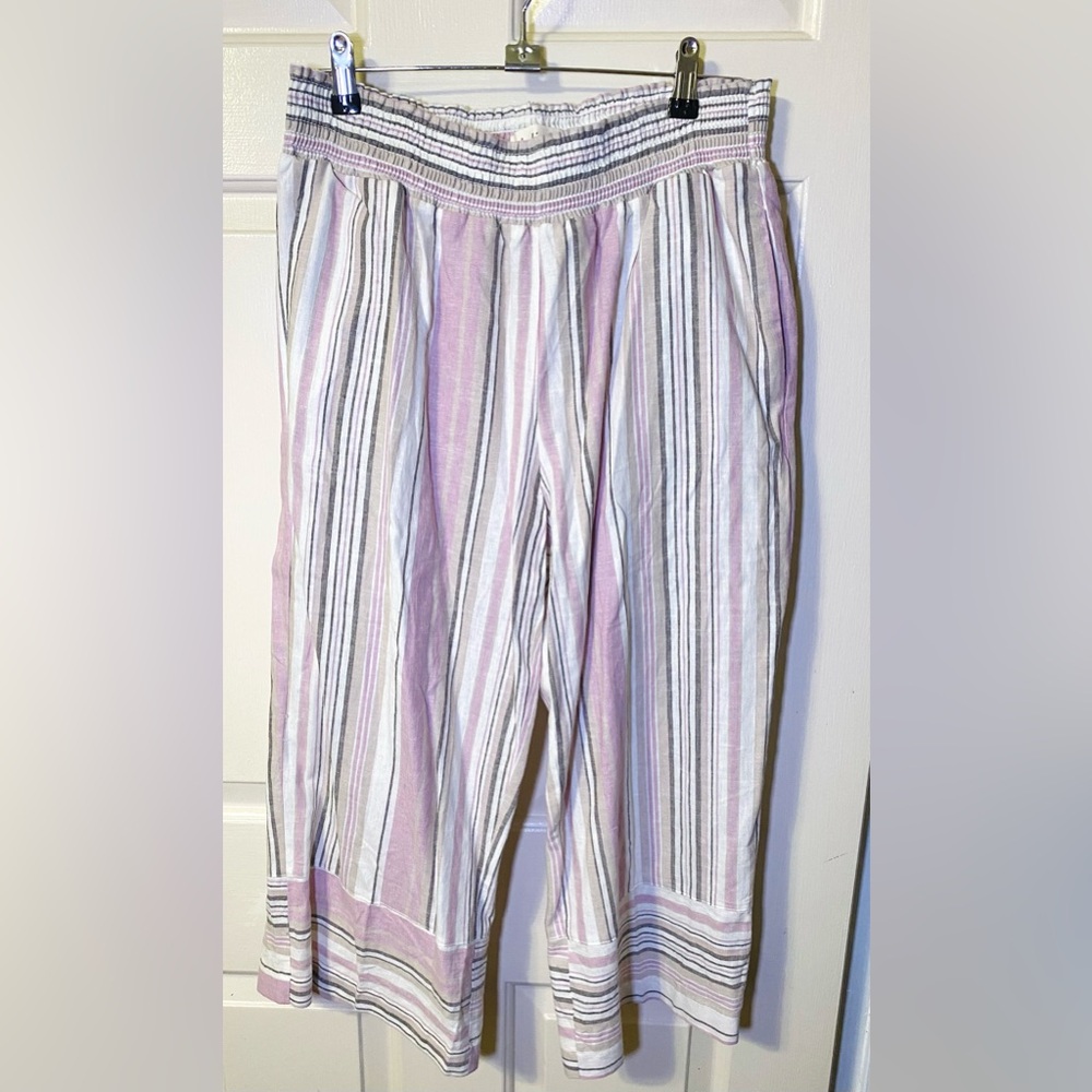 Pink/White Stripes Linen Capris,L‎